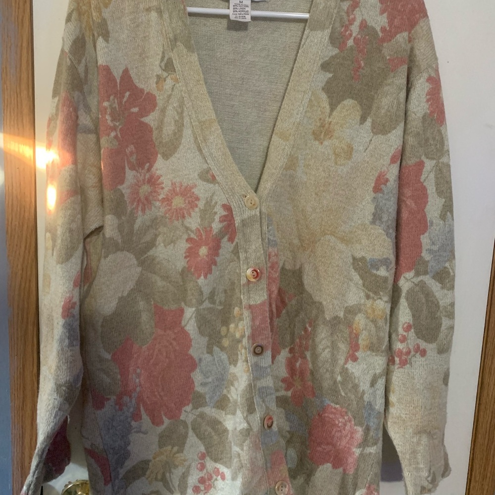 Gabriella T Vintage 90s Cardigan Sweater Size Medium Floral Linen Blend